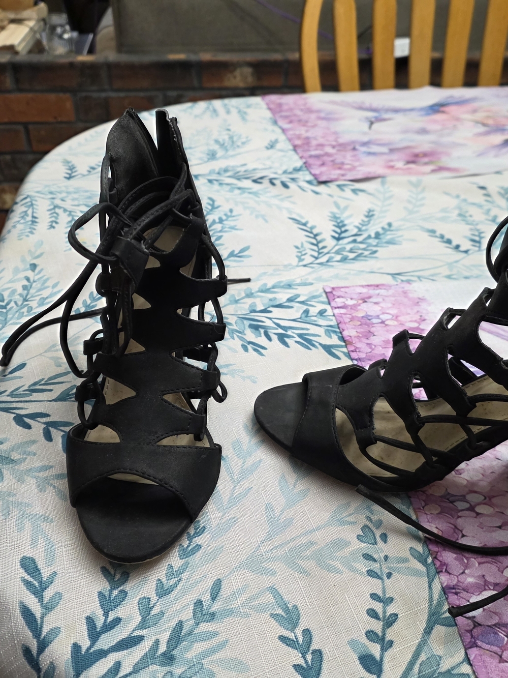 Women's Black Lace-Up Cutout Heeled Sandals